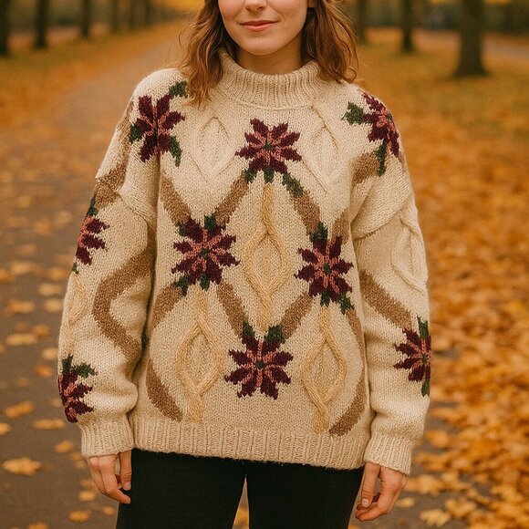 Elegant Cream Floral Turtleneck Sweater - Picture 1 of 15